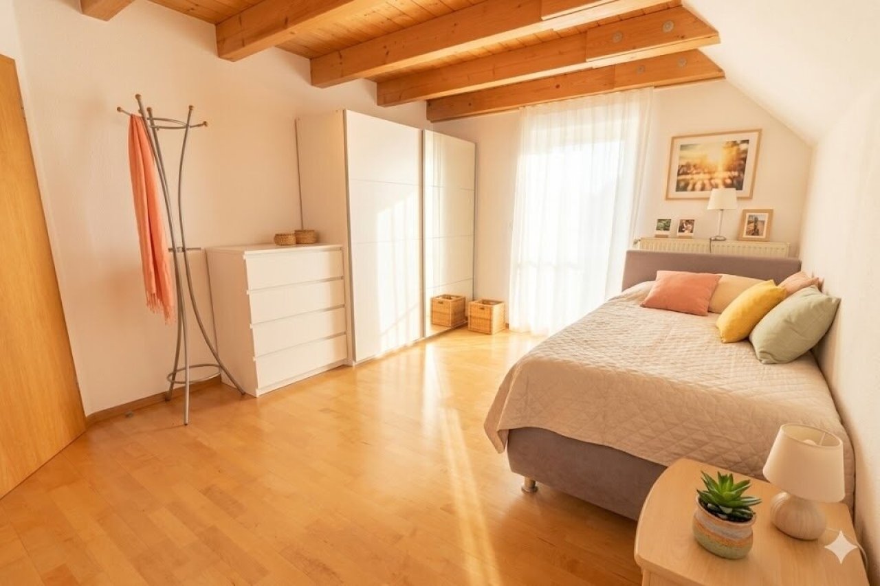 Helles Schlafzimmer mit Dachbalken und direktem Terrassenzugang