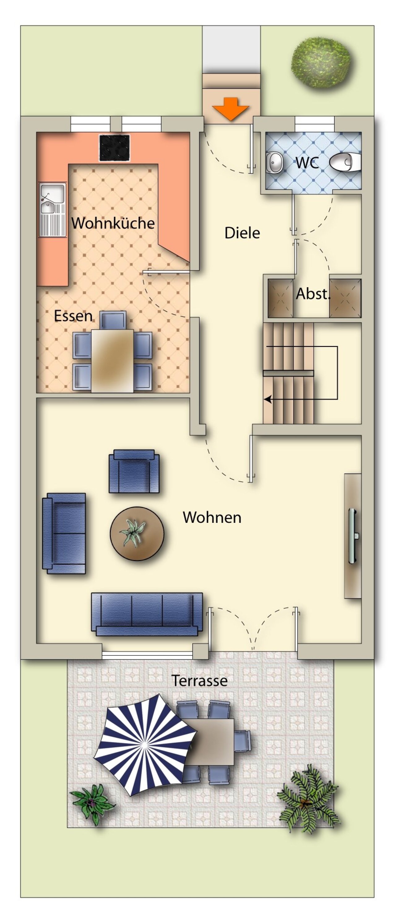 Wohnfläche mit harmonischer Verbindung von Küche, Essen und Wohnbereich