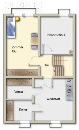 UG- Grundriss ohne Bemassung mit praktischer Aufteilung für Hobby, Keller und Lagerung