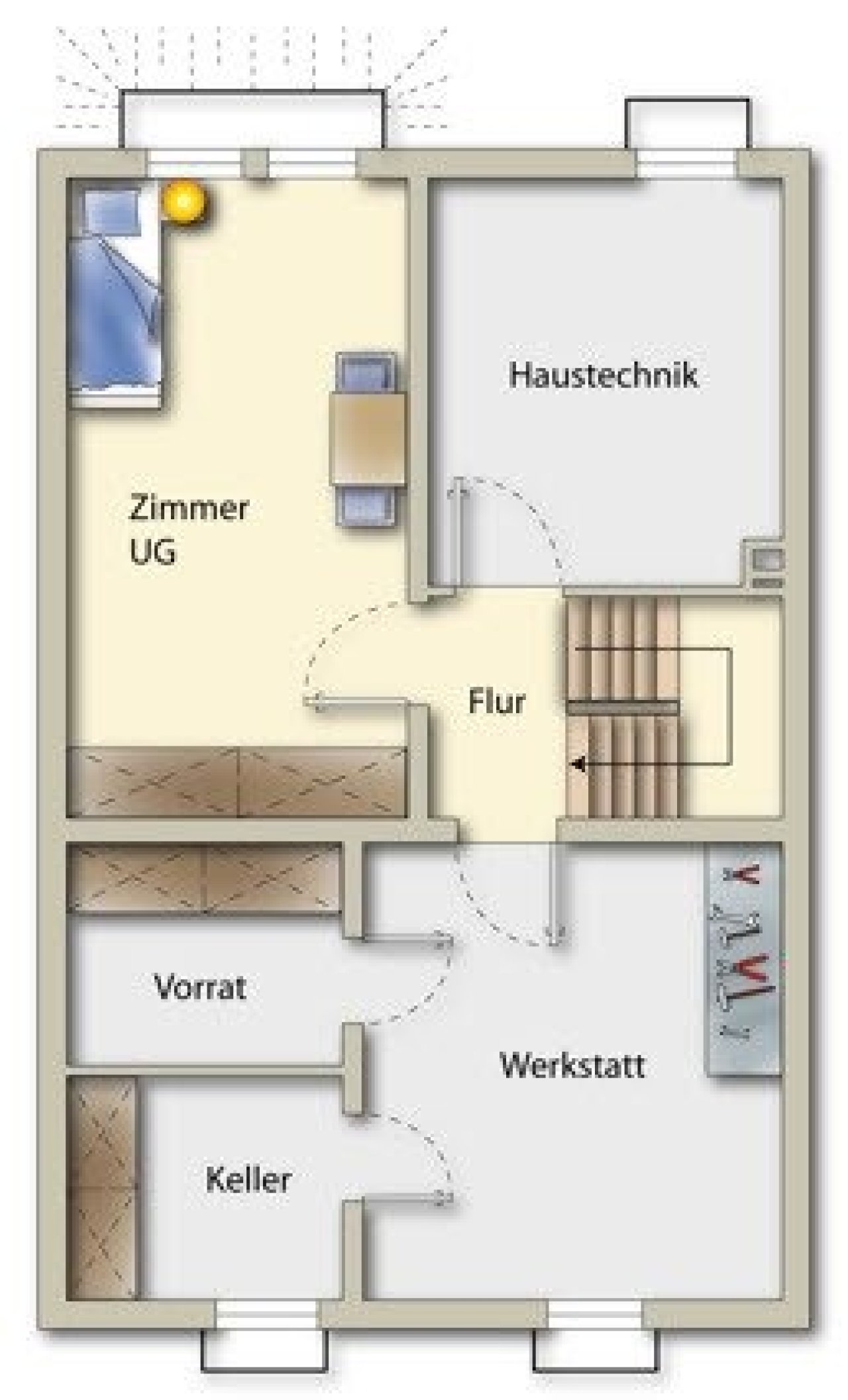 UG- Grundriss ohne Bemassung mit praktischer Aufteilung für Hobby, Keller und Lagerung